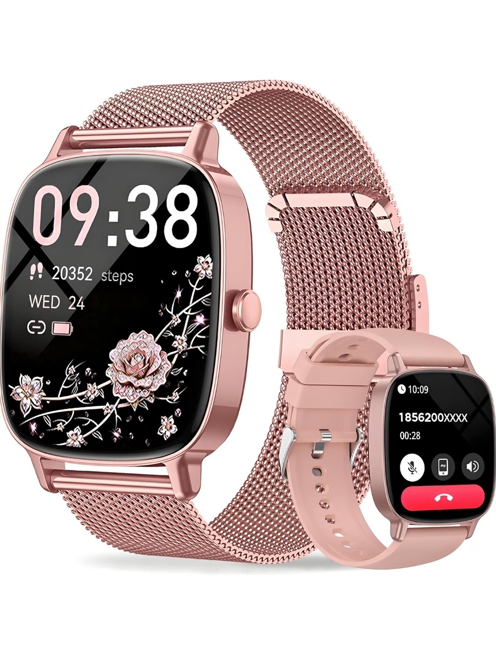 Rose Gold Women’s Smartwatch with Interchangeable Mesh and Silicone Bands